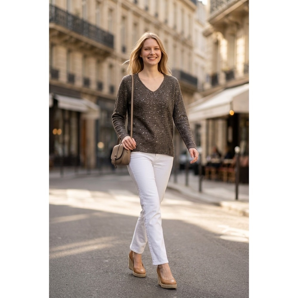 Gerard Darel Metallic Mohair Bld V-Neck Shimmer Sweater Brown French 4 US L $295